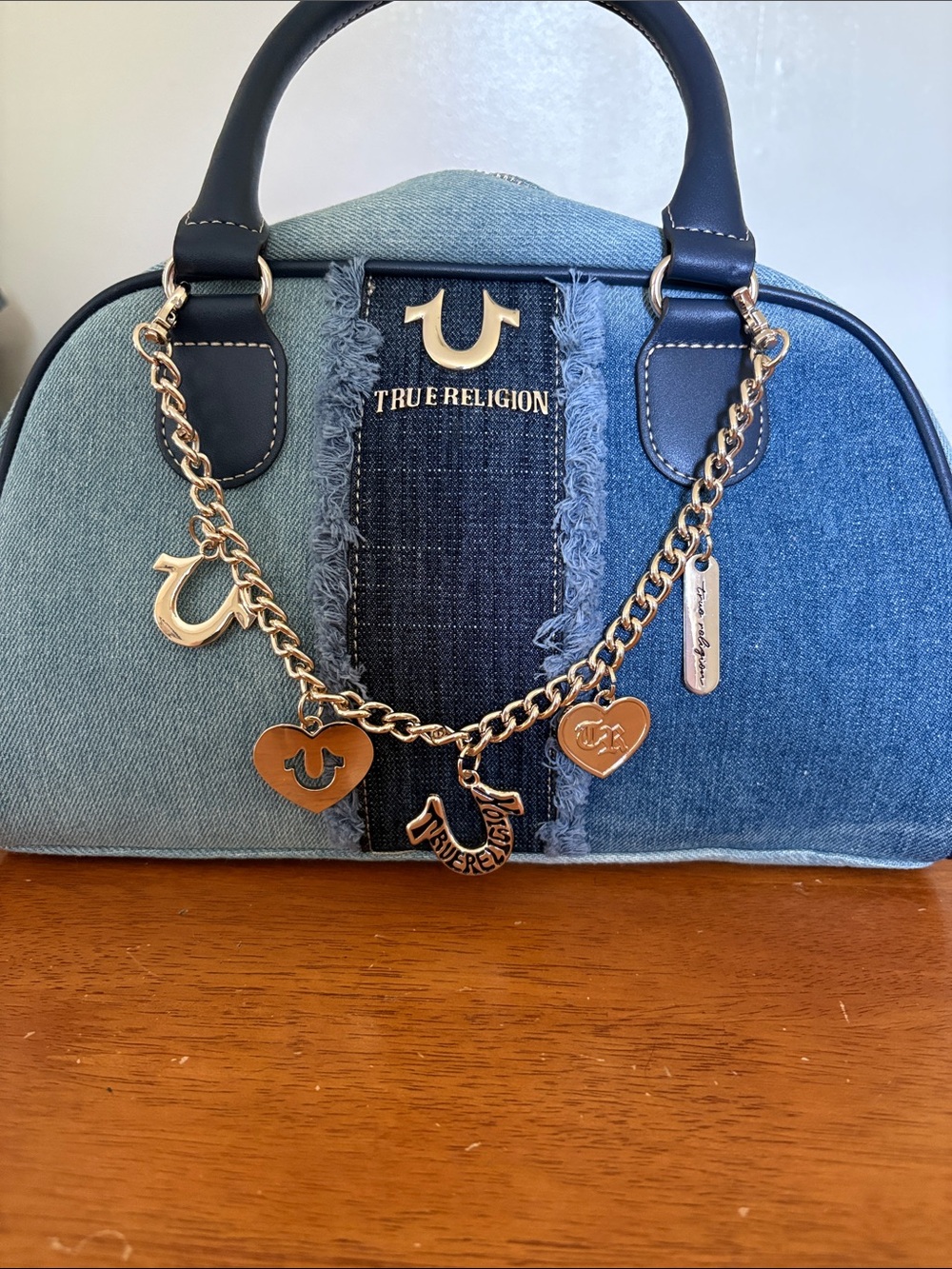 True Religion Two-Tone Denim Dome Satchel - Light & Dark Blue - Picture 6 of 8